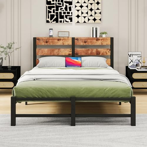 VERFARM Bettrahmen Metallbett 140 x 200 cm Doppelbett Einzelbett Bettgestell, Modern Jugendbett mit Lattenrost,Bettrahmen Holz mit Stauraum Kopfteil, für Schlafzimmer Gästezimmer, Vintage Braun