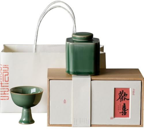 CHICKEN Tea Storage Tank Celadon Tea Storage Container Jar Set Square Sealed Jar Ceramic High-foot Teacup Chinese Tea Set Gift Box Set Multifunctional Storage Jar