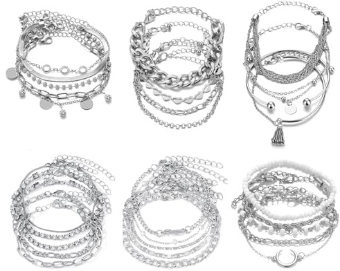 GoPaw Boho Armband Damen Set - 27 Stk. Armbänder mit Twist Figaro Ketten - Stapelbar für Damen & Mädchen (Silber)