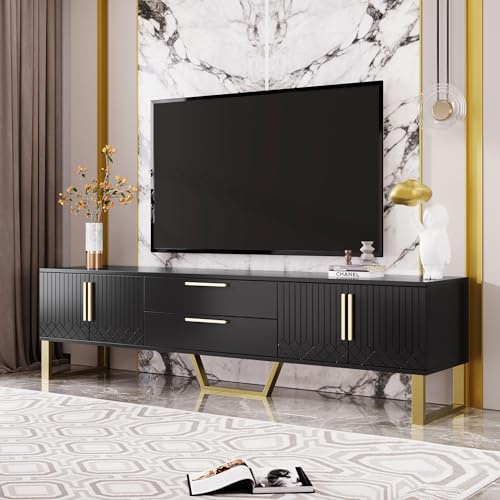 Gegtuon TV-Schrank Fernsehtisch 170 cm für 60/65 Zoll TVs, Fernsehschrank Lowboard mit 2 Stauraum Schubladen & 4 Türen, TV Board mit Fächern, Sideboard Möbel für Wohnzimmer, 170x54x40cm (Schwarz)