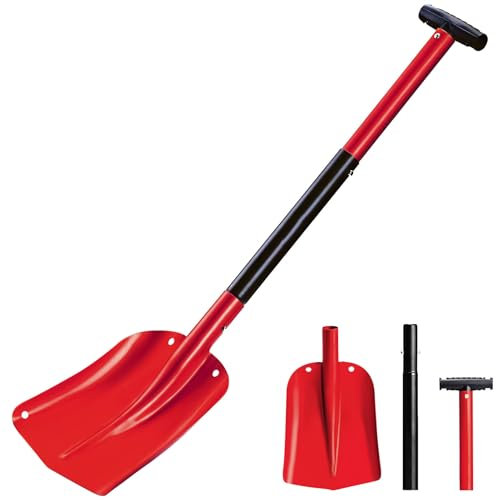 Schneeschaufel Alu Skalierung 54-82cm, Schneeschieber mit Ergonomischem Aluminium-Stiel, Tragbar Schneeräumer Werkzeuge Outdoor, Schneeschaufeln für Hof Garten Camping Schneeräumung (Rot)