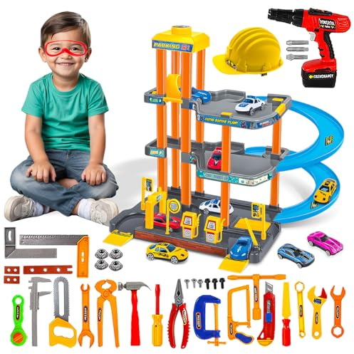Xwin Sportseries Parking Garage Spiral Playset With Storey Auto Parking Lot with Diecast Cars And Construction Tools Pretend Play Kit for Kids Ages 3 and Above