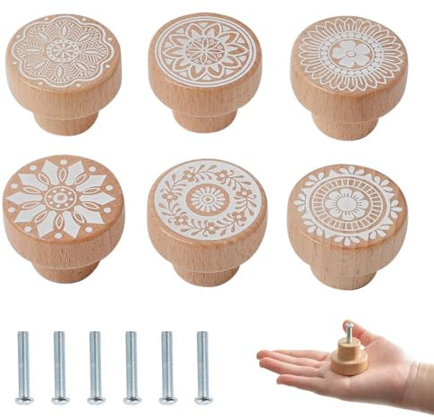 OESSUF 6PCS Bohemian Wooden Cabinet Knobs, 35mm Round Furniture Handle Drawer Door Knobs Pull Handles for Cupboard Wardrobe Furniture Hardware