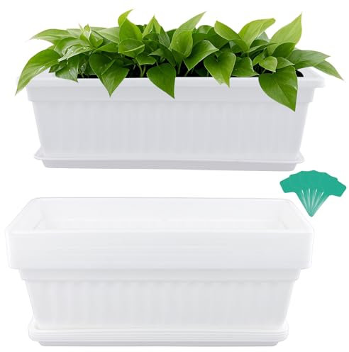 ZOENHOU 6 Pack 17 Inch Flower Window Box, White Rectangular Plastic Window Box Planter with Trays and 30 Green Labels for Windowsill, Patio, Garden, Home Décor, Porch