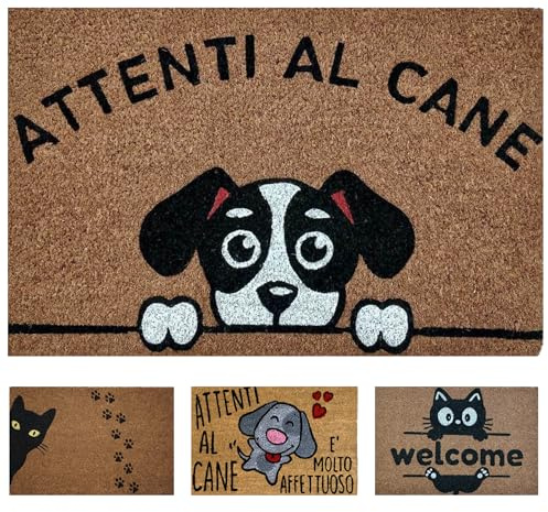 Zerbino Ingresso Esterno Simpatico 40x60cm, Cocco, Attenti al Cane | Tappeto Entrata Divertente, Interno / Esterno, Base Antiscivolo in PVC, Fibra di Cocco Naturale, Resistente, Facile da Pulire