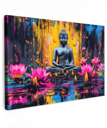MuchoWow© Bilder Groß XXL Wohnzimmer Deko Modern Wandbild Kunstdruck | 120x80 cm - Leinwand Bild Schlafzimmer über Bett Room Decor Geschenke Buddha - Blumen - Kerzen - Gelb