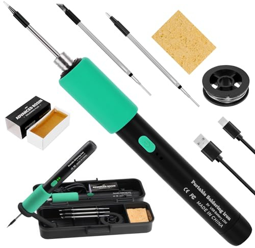 Lötkolben Set, Akku Lötkolben mit 3 Temperatur Einstellbar 260-450°C, 3 Lötspitzen, Lötdraht, USB-Ladekabel, Kolophonium, Schwamm, Lötset für Elektrische Arbeiten
