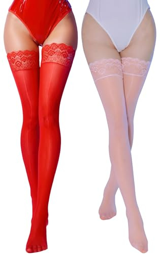 Maeau Lårstrumpor dam skinande oljad sexig spets släta självfixerande strumpor höga strumpor en storlek, Röd + rosa, One size