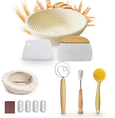 Homiely Bread Proofing Basket, Natural Rattan Sourdough Kit, 13 Piece - 9 Round Banneton Basket with Bread Lame, Danish Whisk, Linen cover and more for Professional Home Bakers