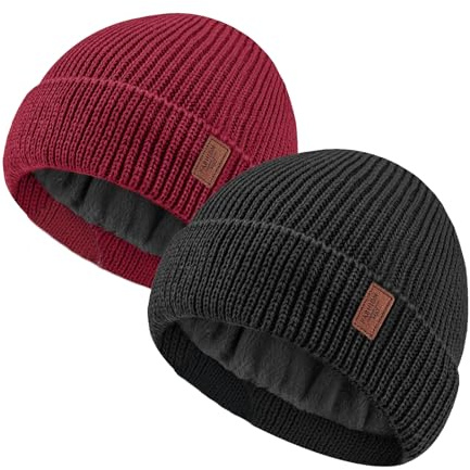 JFAN Beanie mössa herr vinter unisex vintermössa stickad mössa med tjockt varmt foder stretchig mjuk klassisk ullmössa varm fleece löparmössa dam för vinter och höst, Svart och röd, one size