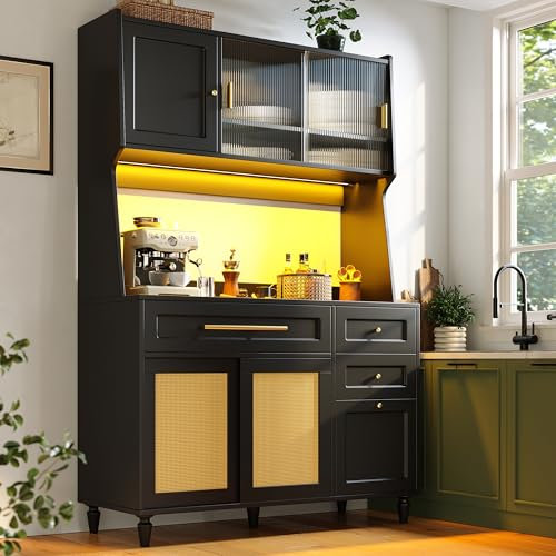 Gxffipw Küchenschrank mit Verstellbaren Ablagen und LED-Beleuchtung, Buffetschrank Hochschrank mit Rattan Türen und Schubladen, Küchenschränke mit Arbeitsplatte, Küchenmöbel, Schwarz, 120×45×195.5 cm