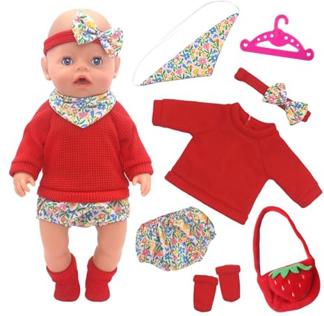 7 Pcs Doll Clothes Outfits for 14-18 inch Baby Dolls, 35-43cm Baby Doll Clothes Outfits 1 Red Long Sleeve Shirt 1 Shorts 1 Hairband 1 Hanger 1 Strawberry Pendant 1 Socks 1 Floral Bib Gifts for Girls