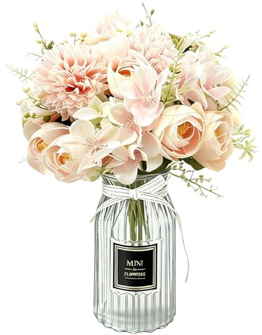 BOBISHE Rosa Blumenstrauß Kunstblumen Wie Echt 3 Bündel künstlicher blumenstrauß mit Geschenkpapier, 20m Geschenkband,Künstlich Blumen Rosen Bouquet für Hochzeit, Valentinstag Muttertag, Geburtstag