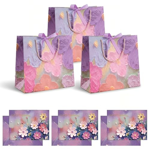 Eclove 3 Stück Geschenktüten, Papier Geschenktasche mit Schleife und Grußkarten, Geschenkverpackung mit Henkel für Geburtstage, Hochzeiten, Partys, Valentinstag und Weihnachten (Mehrfarbig, Groß)