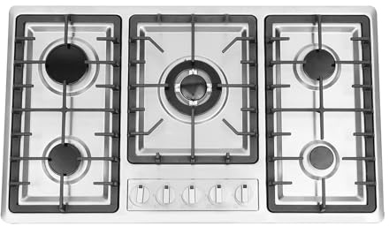JAYEUW Fornello a gas 5 fuochi, piano cottura a gas, piano di lavoro, da incasso, in acciaio inox, a gas naturale, da 3,3 kW/2,75 kW/1,75 kW/1 kW, da campeggio, 86 x 51 x 9 cm