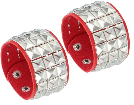 QUARKZMAN 2 Pcs Bracelet En Cuir Punk 8.7/22cm Rivets Carres Superposes Bracelet Goth Avec Clous Et Picots Bracelet Ajustable Bracelet Manchette Pour Halloween Favoris De Fete, Rouge