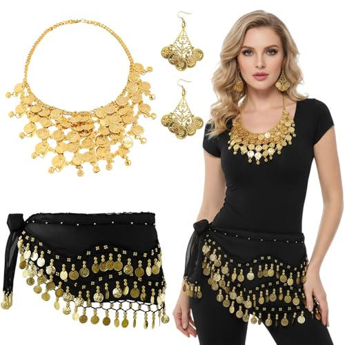 ZocRjvN 3-teiliges Bauchtanz Kostüm Set mit Hüfttuch und Schmuck, Elegantes Bauchtanz Kostüm Damen für Karneval und kulturelle Feste, Perfekte Kombination aus Komfort und Stil für Tanzbegeisterte