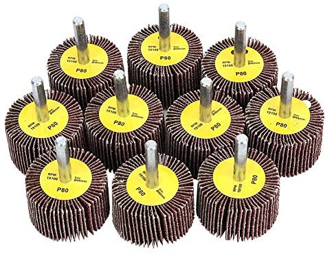 Lot de 10 roues à lamelles abrasives 1/4 avec tige de 6 mm, forme cylindrique, roue de ponçage, disque de papier de verre 40 x 25 x 6 mm.
