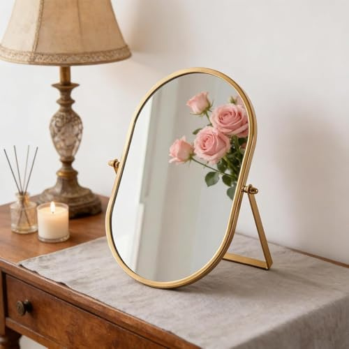Xiyingcai Makeup Mirror with Metal Frame,360° Rotating Desk Oval Table Mirrors,11X7in Desktop Makeup Mirror for Dressing Table Living Room Bedroom Tabletop
