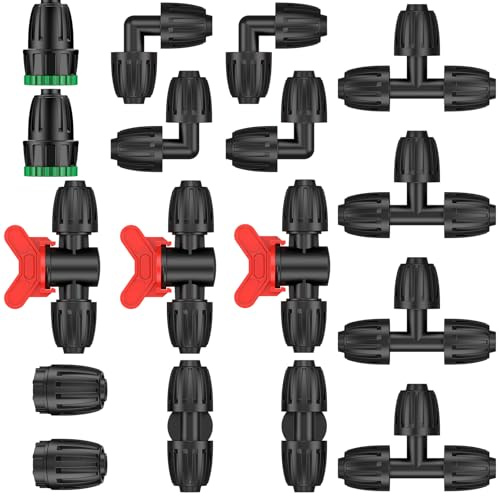 Pawfly Set di 17 connettori per irrigazione a goccia per tubo da 13 – 13,7 mm, collegamenti barbecue con raccordi a T, giunti, angoli, adattatori per rubinetti e tappi terminali