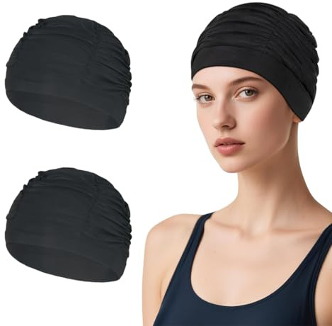 AEKZOX Cuffia per Adulti con Capelli Lunghi, 2 pezzo, Elastica e Comoda, di Alta Qualità, Realizzata in Nylon, Donna e Uomo, Cuffia Nuoto Silicone di qualità Superiore, Accessori Piscina (Nero)