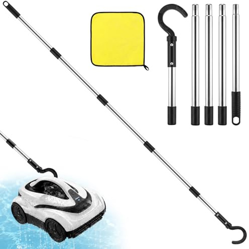 Set Asta con Gancio per Robot da Piscina 183 cm, 5 Sezioni | Asta in Acciaio Inox con Panno Pulizia per Agganciare e Recuperare Dispositivi dall’Acqua