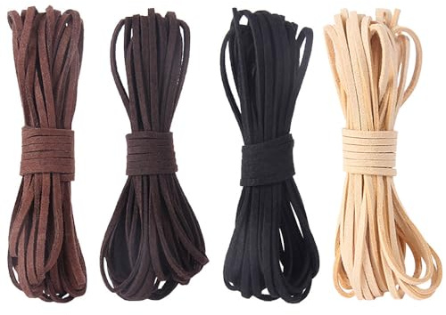 Vaniika Leather Cord, 4 Pcs 5 m x 3 mm Thread Faux Suede Cord in 4 Colours, Ribbons for Crafts with Cord Ends, Flat for DIY Bracelet Necklace