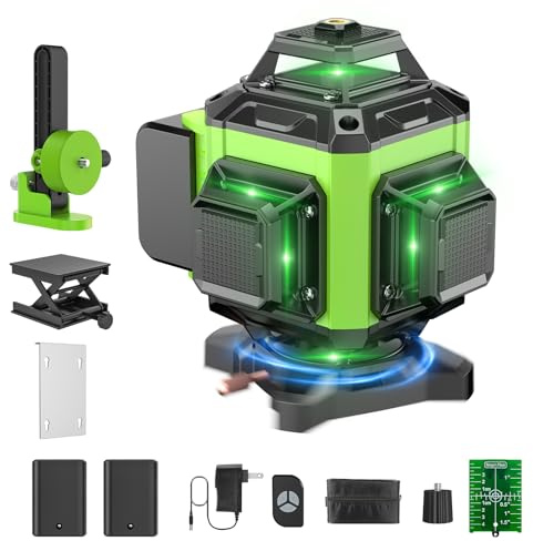 Nivel Laser Autonivelante 360 Grados, Nivel Láser Verde 16 Líneas, 2 x 360 Horizontal y 2 x 360 Verticales, 2 x Batería, Montaje en Pared, Control Remoto, Base Magnética, Soporte Giratorio (L)