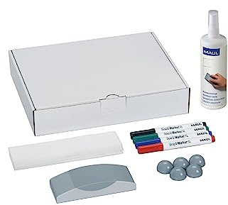 MAUL Whiteboard Zubehör Set Schwarz Blau Grün Rot Komplettpaket | Alles griffbereit für Meetings und Unterricht, kräftige Farben, sauber abwischbar, 5 Magnete, Reiniger Vlies und Tafelwischer