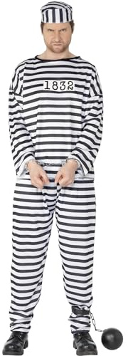 Smiffys, Herren Sträfling Kostüm, Hemd, Hose und Mütze, Größe: L, 96318