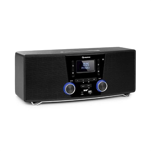 auna Stockton Micro Stereosystem - 20W max. (2X 5W RMS), DAB+, UKW-Radiotuner, RDS-Funktion, CD-Player, Bluetooth, USB-Port, AUX-IN, OLED Display, X-Bass, EQ, Timer, Weckfunktion, schwarz