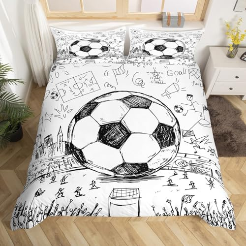 Erosebridal Football Comforter Cover, Hand Drawn Sketch Soccer Flag Network Team Sports Duvet Cover for Boys Teens Men, Decorative 3 Piece Bedding Set with 2 Pillow Shams, Queen Size, White Black