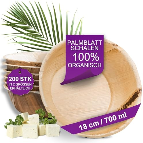 Waipur Ciotole in Foglia di Palma Biologici - Set 18 cm / 700 ml da 200 Pezzi - Stoviglie usa e getta Biodegradabili di Alta Qualità - Eleganti e Resistenti - Simile al Legno e al Bamboo