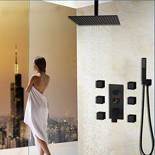 Huin 12 Zoll Bad Dusche Wasserhahn Schwarz Temperatur Digitalanzeige Duschsets Körpermassagesystem Jets Tower Duschsäule Wasserhahn