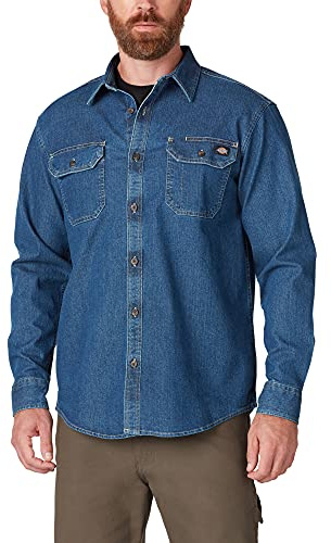 Dickies Camicia da Uomo Flex Denim a Maniche Lunghe con Colletto Bottoni, Lavaggio Medio in Denim, S