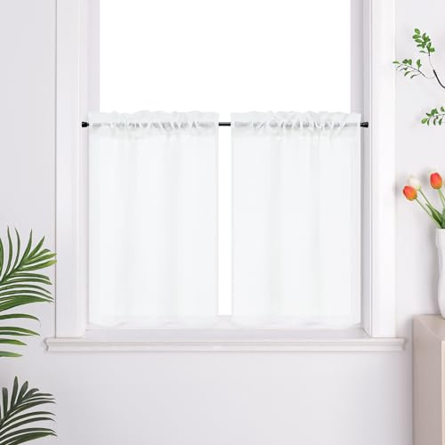 Joyswahl Lot de 2 Rideaux Brise Bise Uni avec Galon Fronceur Transparent Rideau Voilage Decor de Cuisine Chambre Moderne Blanc LxH 66x61cm