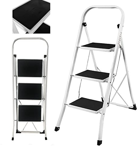 Escabeau Domestique 3 marches Échelle en Acier Inoxydable avec Large pédale antidérapante et Garde-Corps Escabeau Pliable Portable pour la Maison, Le Bureau, Charge Max. 150 Kg