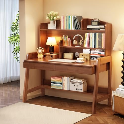 BALANBO Kid's Desk Kid's Table with Drawers and Bookshelf Wooden Kid's Media Desk Student Learning Computer Workstation and Writing Desk (Brown)