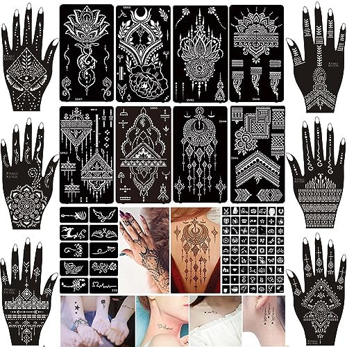 XMASIR 16 Blatt Henna Tattoo Schablonen Kit 79 Stück Glitter Temporäre Tattoos Schablonen Indischer Arabischer Hände für Frauen Mädchen