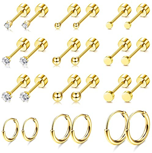 Morfetto 12 Paar Ohrringe Gold Set, Ohrstecker Chirurgenstahl 14K Vergoldet,Hypoallergene Helix Piercings Ohrstecker,Tragus Knorpel Medizinische Ohrpiercing Ohrringe für Damen Herren Golden