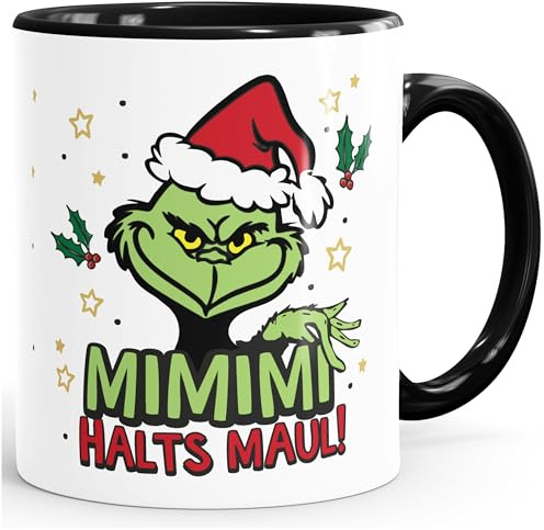 MoonWorks® Kaffee-Tasse Weihnachtsnörgler Anti Weihnachten lustig Kaffeebecher mit Spruch Mimimi Halts Maul Weiss-innen-schwarz standard