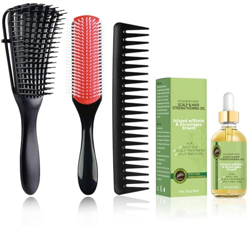 WOZUTUNT Lockiges Haarbürsten-Set für Damen/Herren/Kinder, Entwirrbürste, breiter Zahnkamm, 9-reihige Nylonborsten, Rosmarin-Haarwachstumsöl, 4 Stück (DB-Schwarz, 4 Stück)