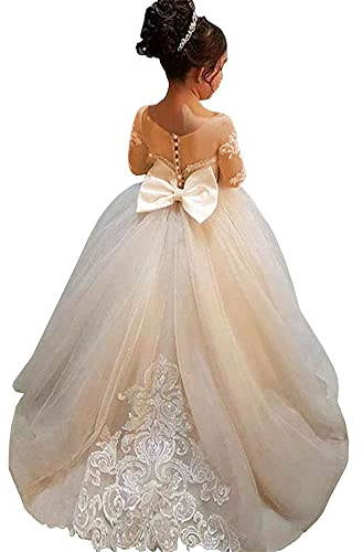 Aibaowedding Abito da Bambina con Ricami in Pizzo, Schiera, Scollo a V, Senza Maniche, con Gonna Svasata, champagner, 6-7 Anni