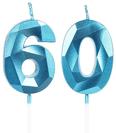 Yiran Sky Blue 60th Birthday Candles, Number 60 Happy Birthday Candles, Blue Cake Topper Decorations for Birthday Party, Wedding Anniversary Celebration Supply for Men Women（Age 60）