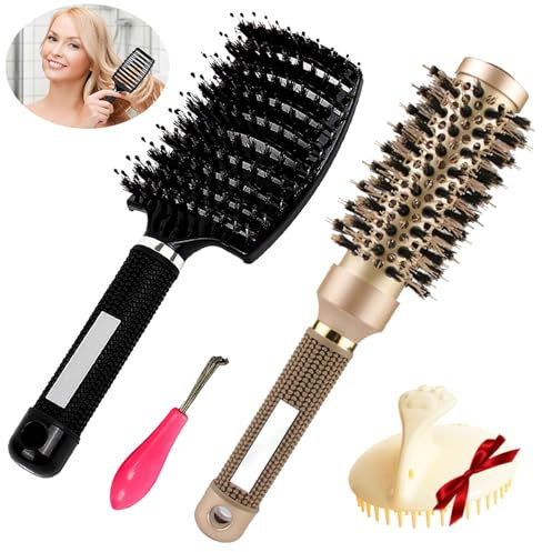Brosse a Cheveux Homme Poils de Sanglier, Brosse Cheveux Demelante Magique Set incl 1 Brosse Ronde Brushing, 1 Brosse Brushing, 1 Comb Cleaner, 1 Brosse à Shampoing, Wet Brush Antistatique pour Femme