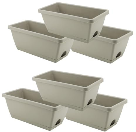 LEXININ 6 PCS Grey Rectangular Windowsill Herb Planter, Plastic Flower Pots Window Boxes with Trays for Garden Patio Home, 35 x 17 x 14cm
