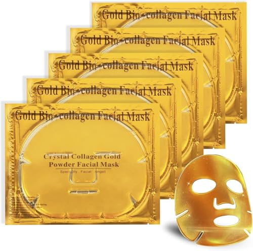 24K Gold-Gel-Kollagen-Gesichtsmasken, Natürlich Feuchtigkeitsspendende Gesichtsmaske Set für Männer, Frauen, Hautpflege, Anti-Aging, Anti-Falten, trockene Haut, Augenringe (5 Stück)