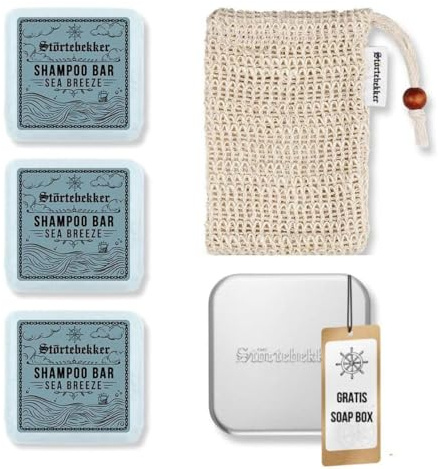 Störtebekker® Premium Duschset - Festes Shampoo Sea Breeze (x3), Sisalsäckchen + GRATIS Seifendose Aluminium - Shampoo Bar Set für Haare, Kopfhaut & Bart - Handgefertigt in Seifenmanufaktur