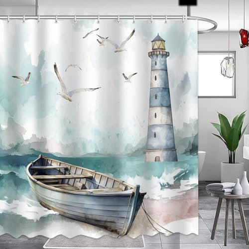 APROPHIC Ozean Duschvorhang 180x180 cm Leuchtturm Möwe Duschvorhänge Vintage Boot Duschvorhang Badewanne Badezimmer Vorhang mit 12 Haken