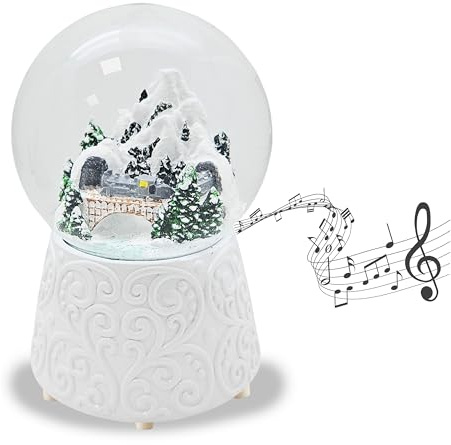 Schneekugel Weihnachten Spieluhr | Verschneite Berge mit Brücke | Sockel weiß mit Ornamenten | Höhe: 14cm Breite 10 cm | Weihnachtsdekoration| 20292